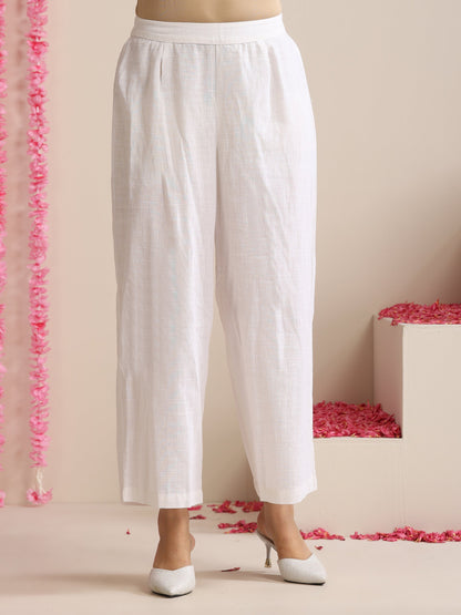 Dhiyona ST White Cotton Slub Kurta Set for Women | 2 Pc Co-ord with V-Neck & Flared Hem