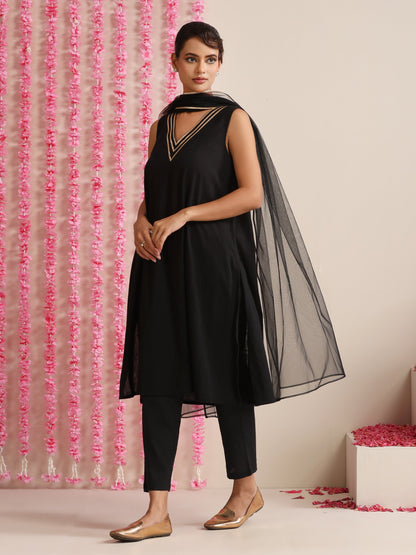 Dhiyona ST Women’s Black Cotton Slub Sleeveless Kurta with Bronze Neck Stripes, Pyjama & Net Dupatta | 3 Pc Elegant Ethnic Set