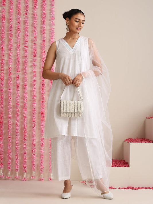 Dhiyona ST Women’s White Cotton Slub Sleeveless Kurta with Neck Stripes, Pyjama & Net Dupatta | 3 Pc Elegant Ethnic Set
