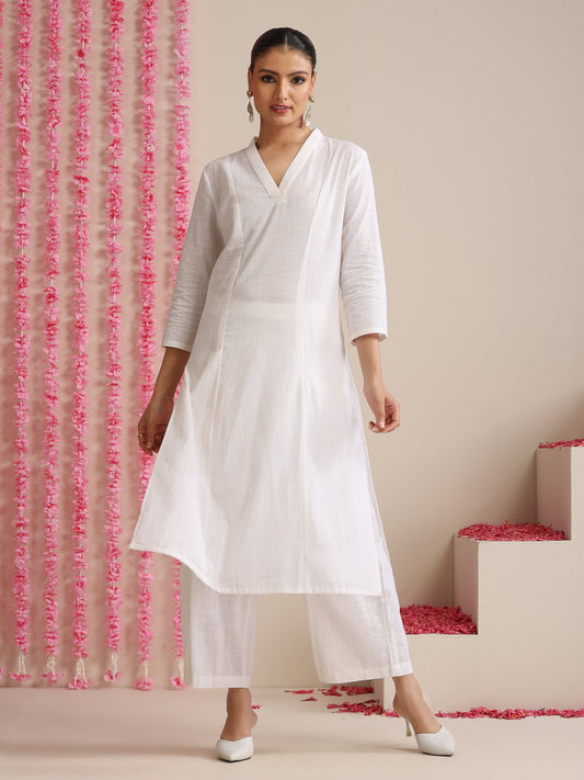 Dhiyona ST White Cotton Slub Kurta Set for Women | 2 Pc Co-ord with V-Neck & Flared Hem