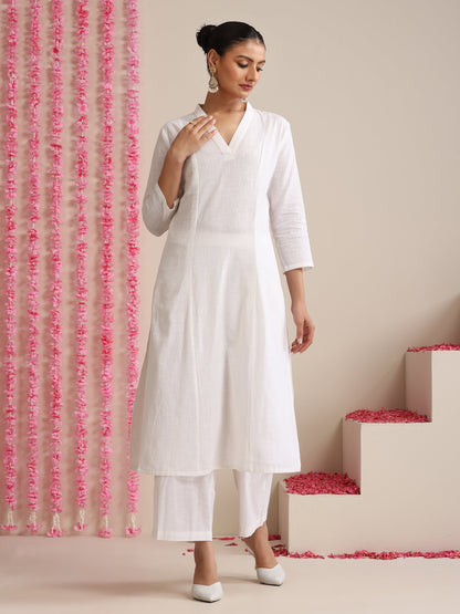 Dhiyona ST White Cotton Slub Kurta Set for Women | 2 Pc Co-ord with V-Neck & Flared Hem
