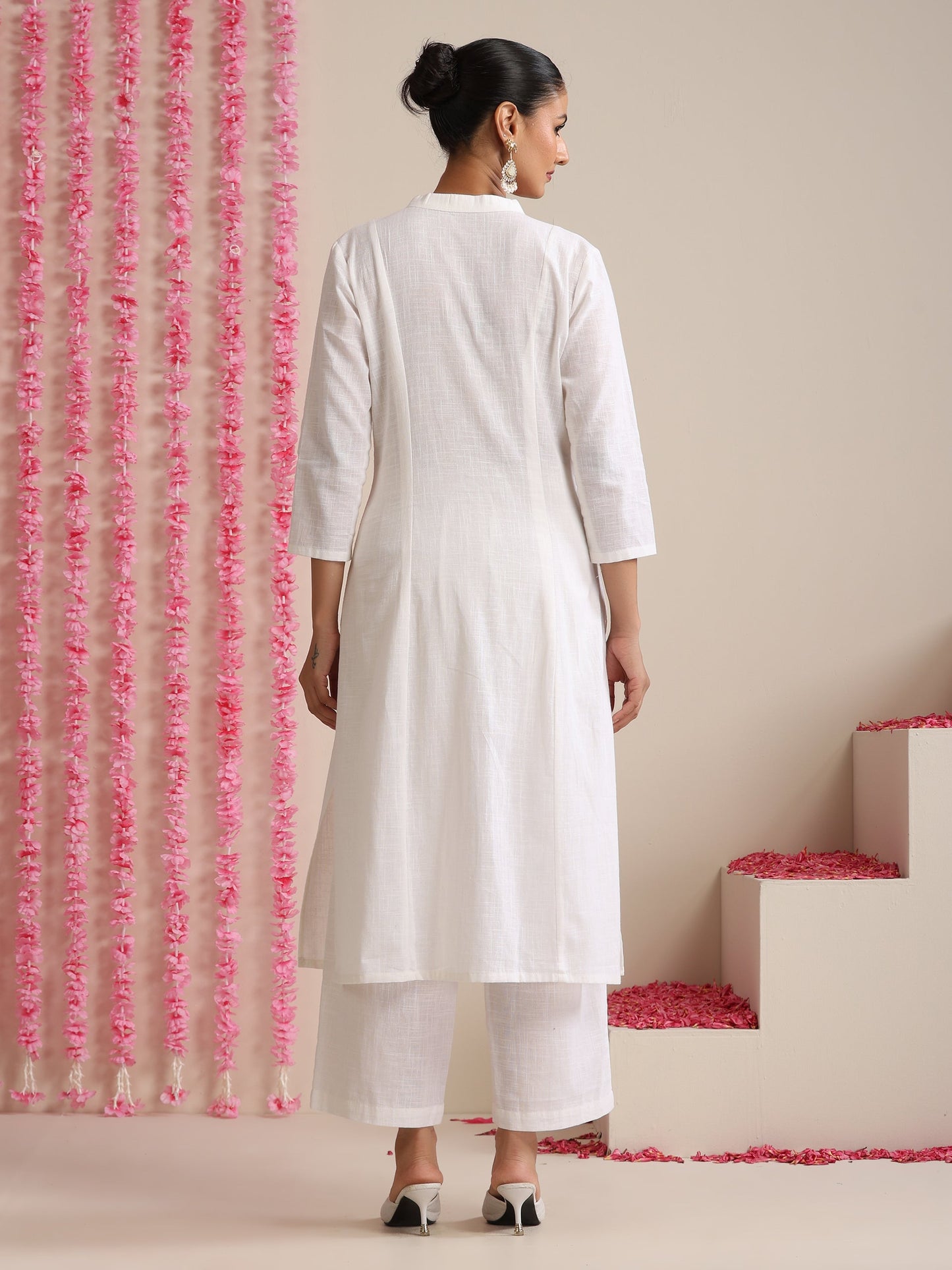 Dhiyona ST White Cotton Slub Kurta Set for Women | 2 Pc Co-ord with V-Neck & Flared Hem