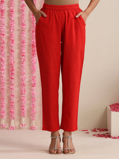 Dhiyona ST Red Cotton Slub Kurta Set for Women | 2 Pc Festive Co-ord with Pyjama