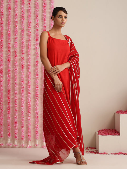 Dhiyona ST Women’s Red Strappy Kurta Set with Gold Net Dupatta | 3 Pc Festive Cotton Co-ord