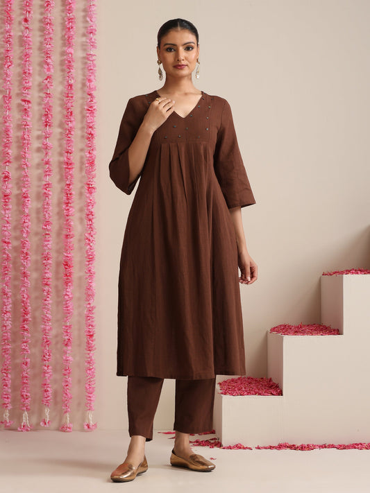 Dhiyona ST Chocolate Brown Cotton Slub Kurta Set | 2 Pc Hand-Beaded Ethnic Co-ord for Women