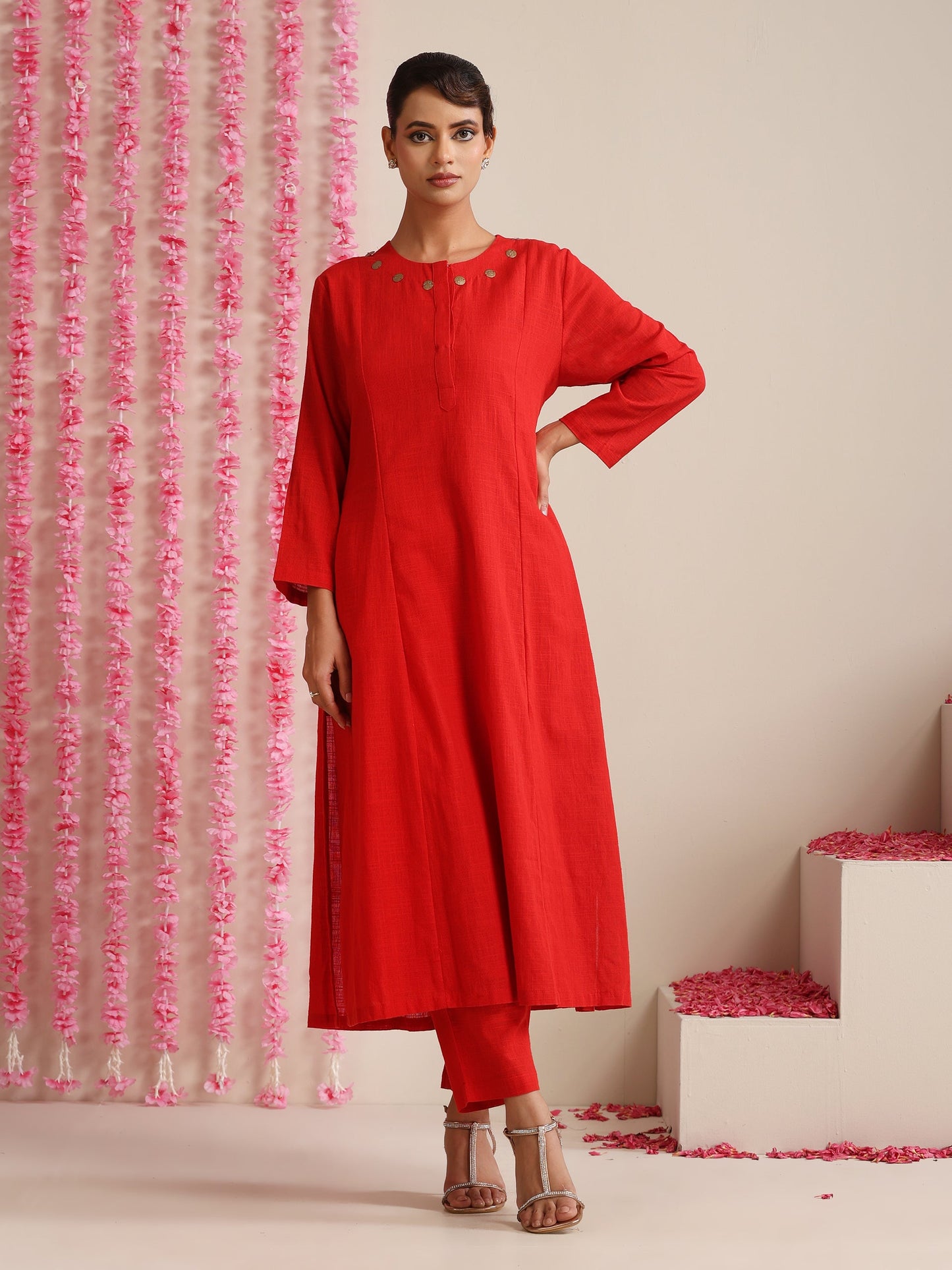 Dhiyona ST Red Cotton Slub Kurta Set for Women | 2 Pc Festive Co-ord with Pyjama