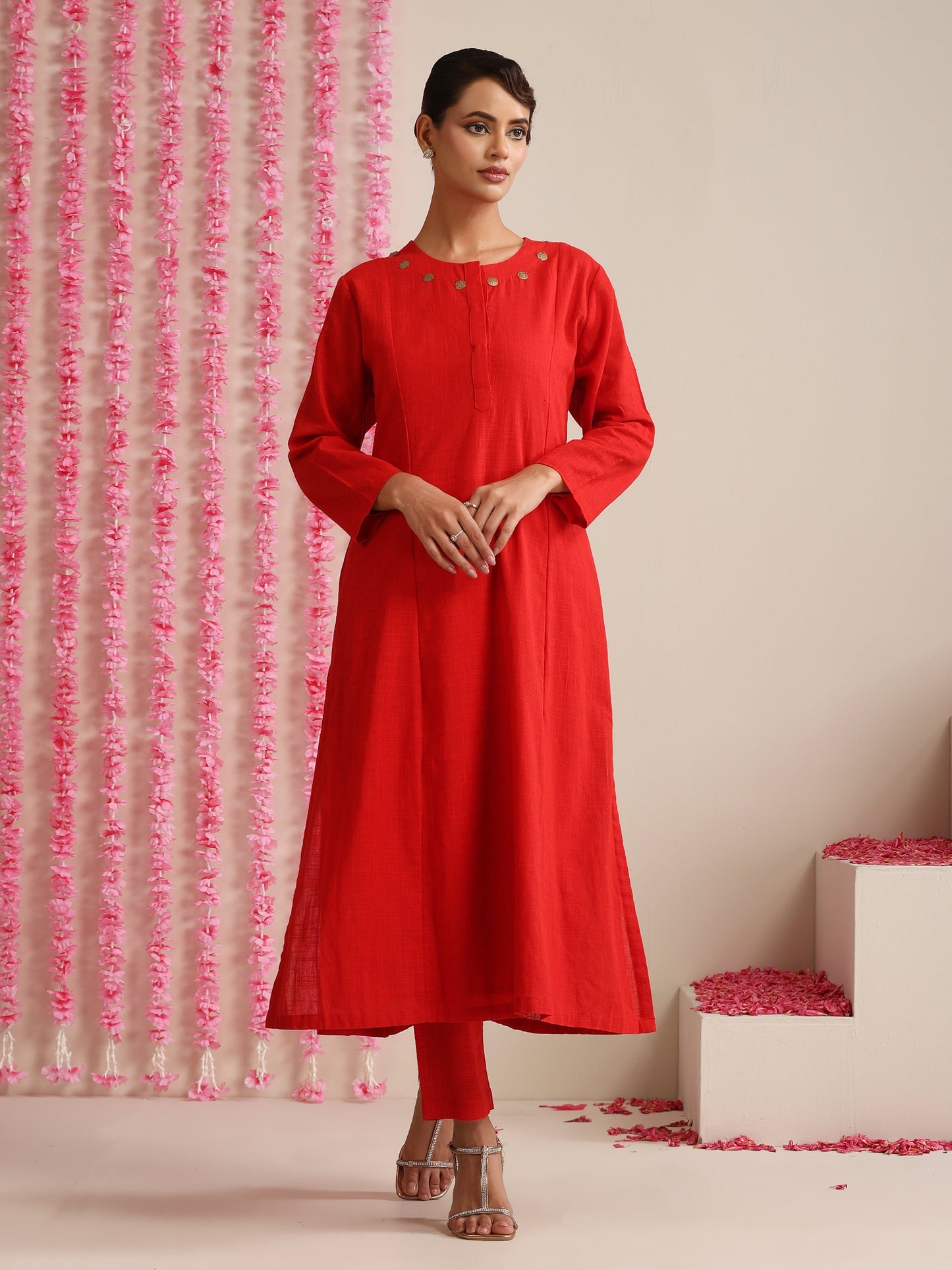 Dhiyona ST Red Cotton Slub Kurta Set for Women | 2 Pc Festive Co-ord with Pyjama
