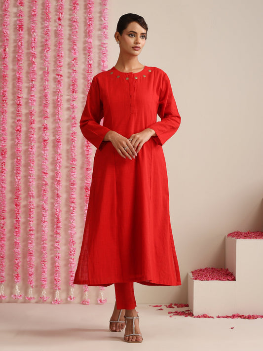 Dhiyona ST Red Cotton Slub Kurta Set for Women | 2 Pc Festive Co-ord with Pyjama