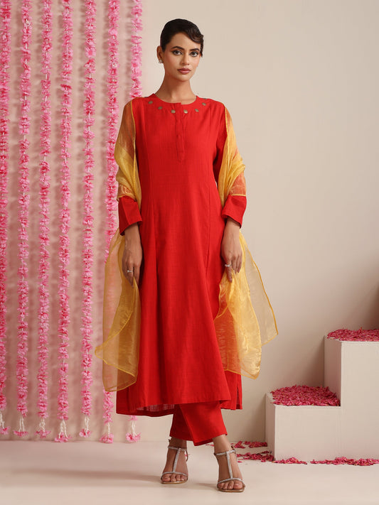Dhiyona ST Women’s Red Cotton Slub Kurta, Pyjama & Metallic Yellow Dupatta | 3 Pc Ethnic Festive Set