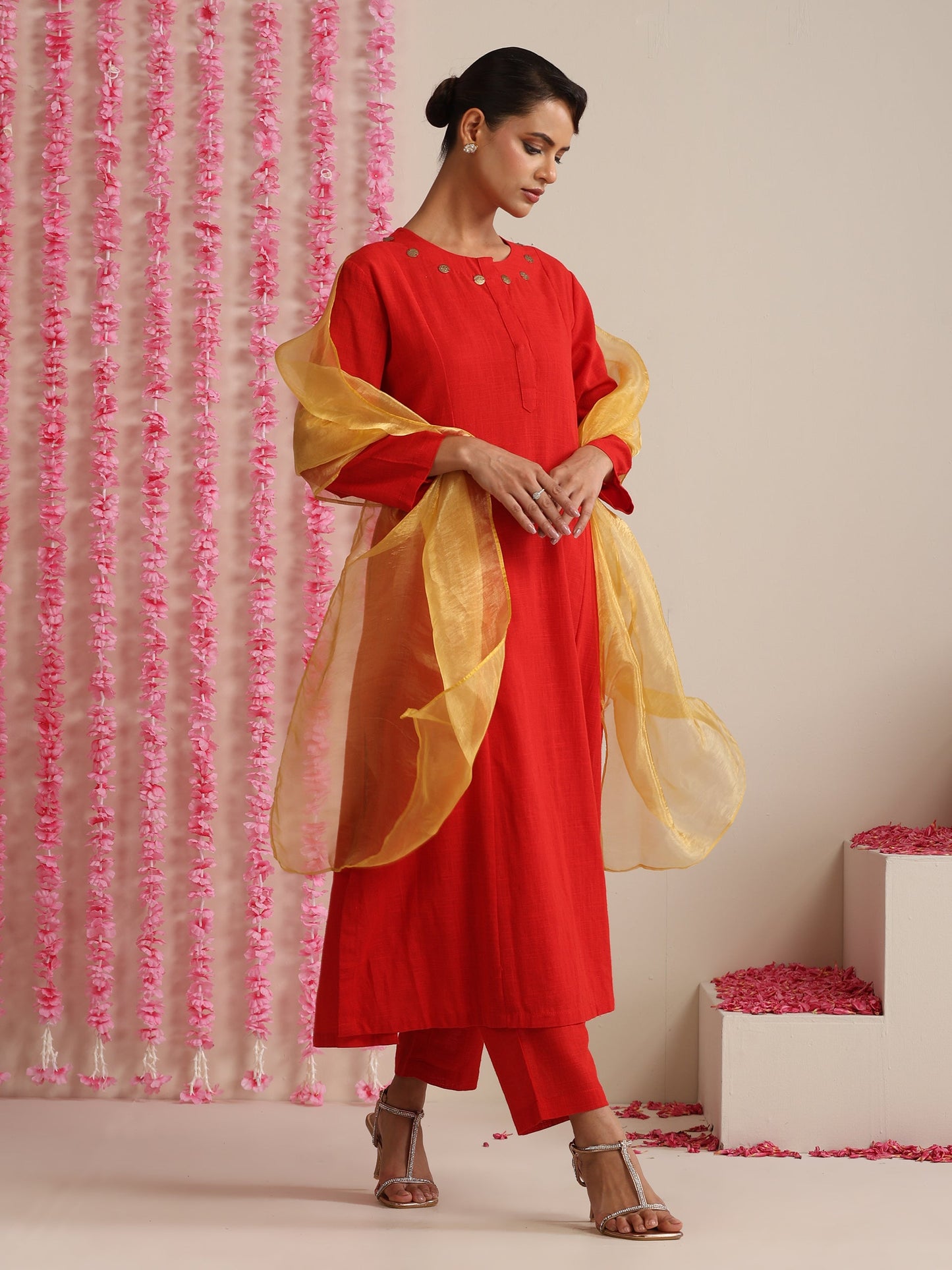 Dhiyona ST Women’s Red Cotton Slub Kurta, Pyjama & Metallic Yellow Dupatta | 3 Pc Ethnic Festive Set