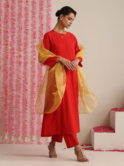 Dhiyona ST Women’s Red Cotton Slub Kurta, Pyjama & Metallic Yellow Dupatta | 3 Pc Ethnic Festive Set