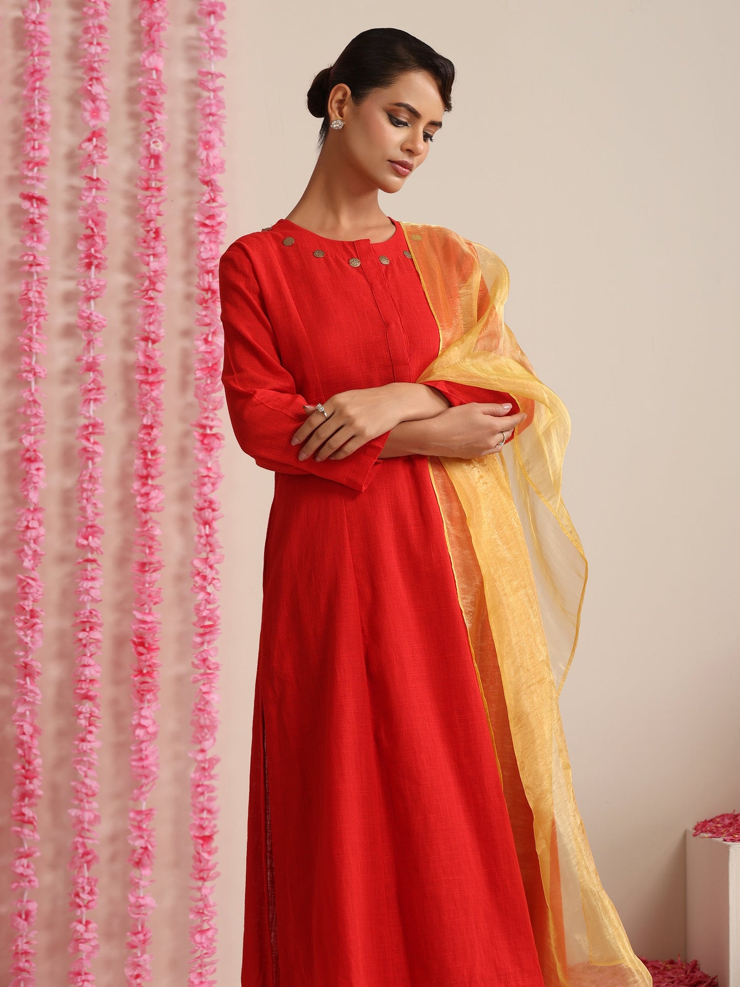Dhiyona ST Women’s Red Cotton Slub Kurta, Pyjama & Metallic Yellow Dupatta | 3 Pc Ethnic Festive Set