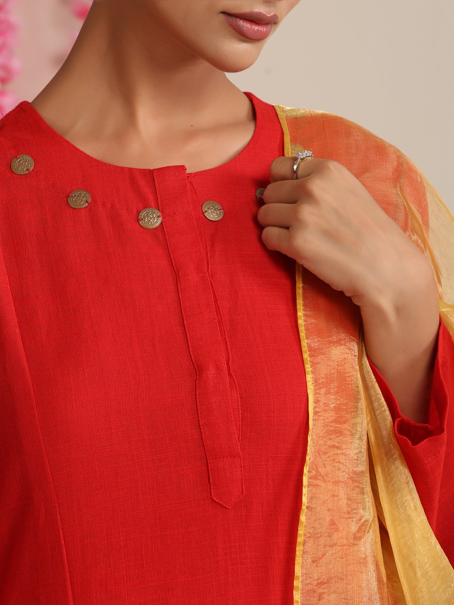 Dhiyona ST Women’s Red Cotton Slub Kurta, Pyjama & Metallic Yellow Dupatta | 3 Pc Ethnic Festive Set