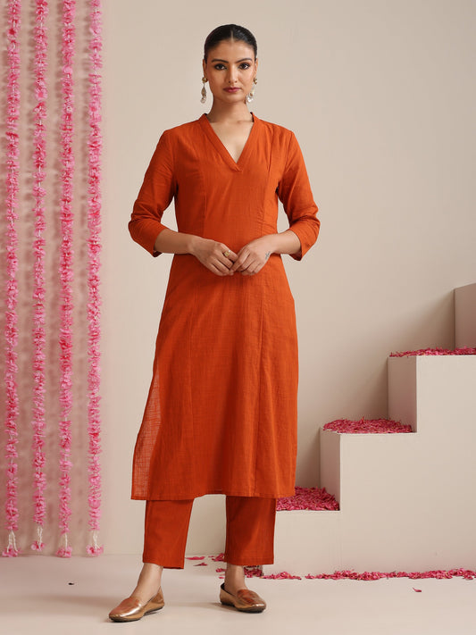 Dhiyona ST Terracotta Cotton Slub Kurta Set for Women | 2 Pc Co-ord with V-Neck & Straight Fit