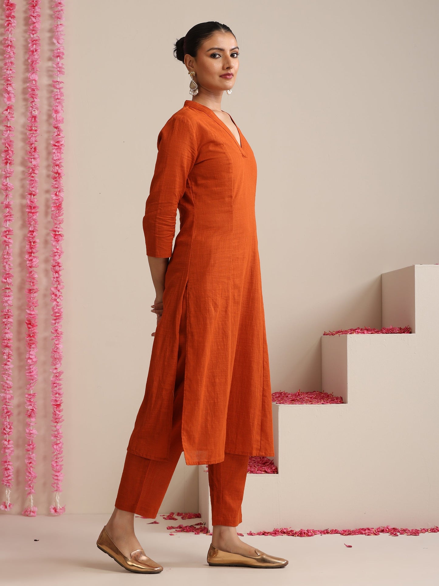 Dhiyona ST Terracotta Cotton Slub Kurta Set for Women | 2 Pc Co-ord with V-Neck & Straight Fit