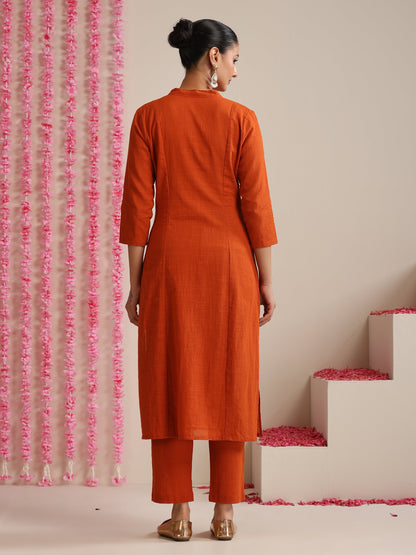 Dhiyona ST Terracotta Cotton Slub Kurta Set for Women | 2 Pc Co-ord with V-Neck & Straight Fit