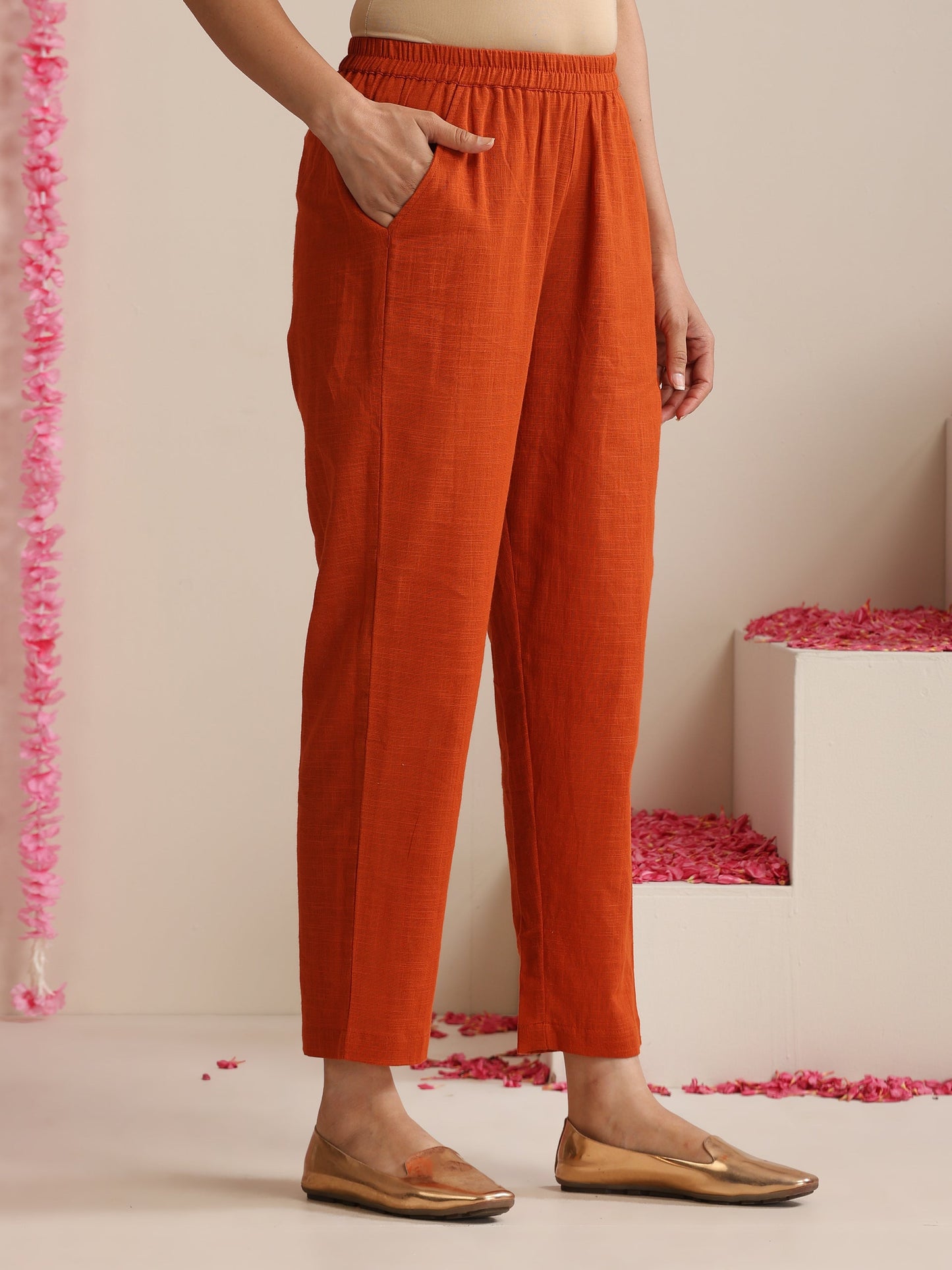 Dhiyona ST Terracotta Cotton Slub Kurta Set for Women | 2 Pc Co-ord with V-Neck & Straight Fit
