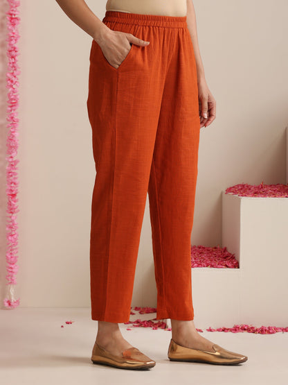 Dhiyona ST Terracotta Cotton Slub Kurta Set for Women | 2 Pc Co-ord with V-Neck & Straight Fit