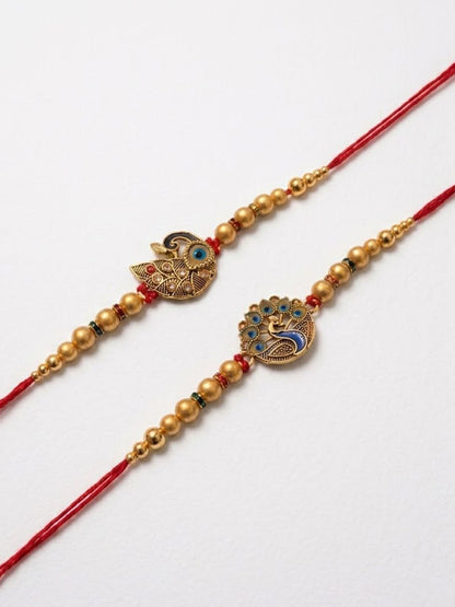 Dhiyona Set Of 2 Peacock & Ghungroo Design Multicolor Thread Rakhi With Roli Chawal Chandan