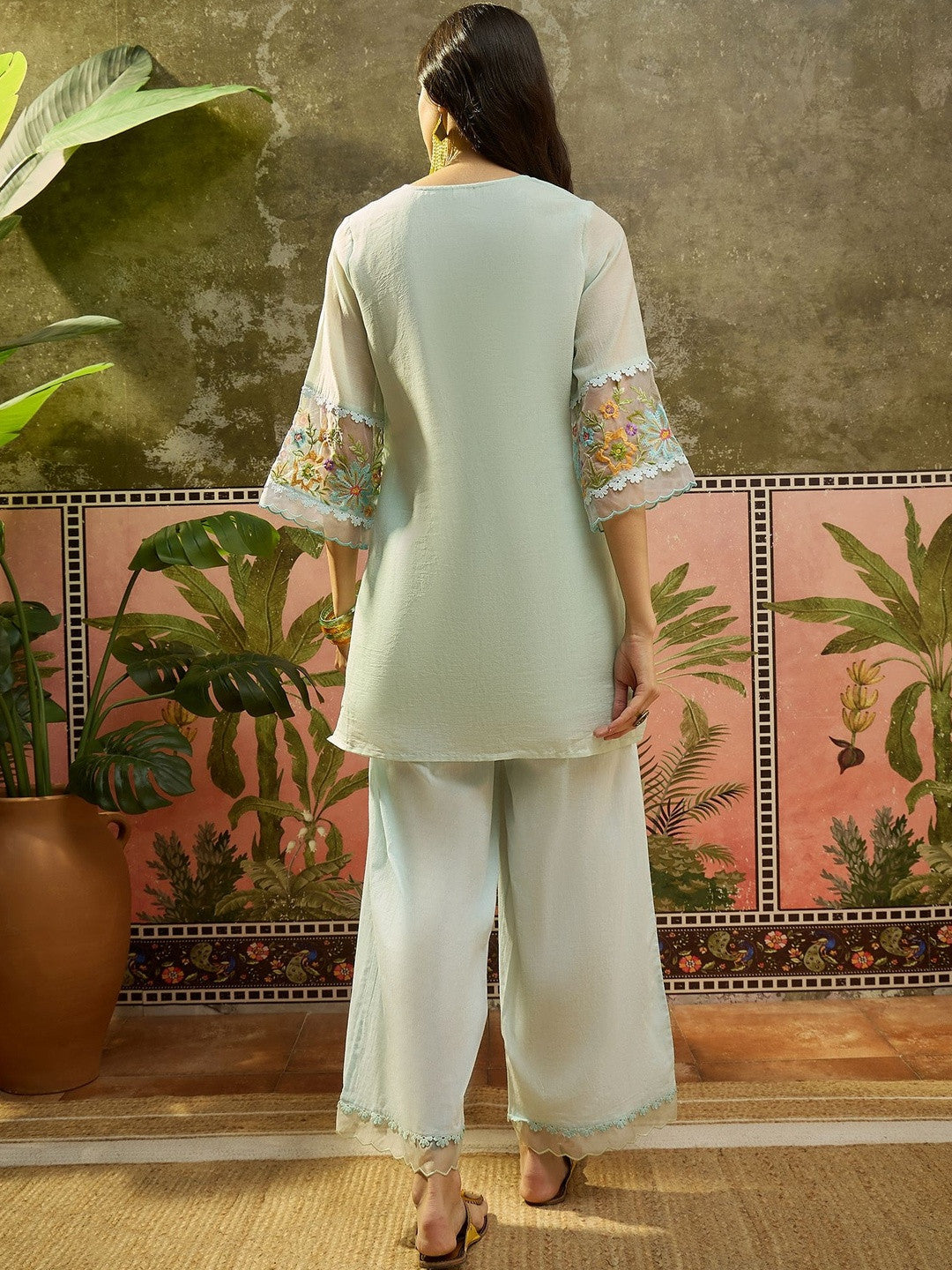 Embroidered Pure Cotton Round Neck Kurti & Trousers