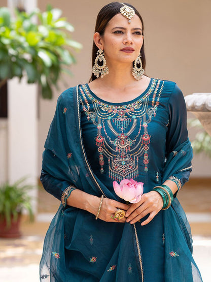 Dhiyona CH Women Ethnic Motifs Embroidered Kurta with Trousers & Dupatta