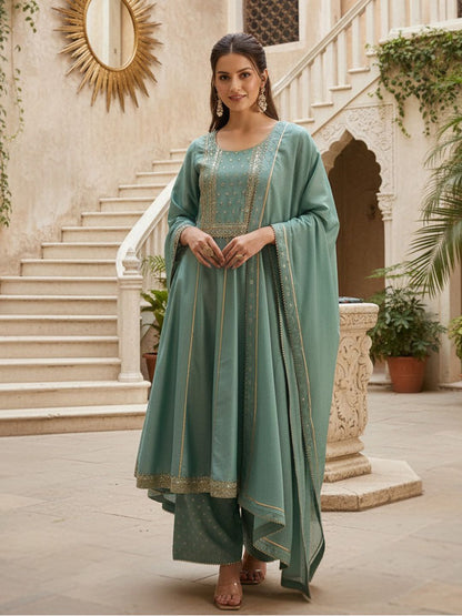 Dhiyona KL Ethnic Motifs Embroidered Panelled Kurta with Palazzos & With Dupatta