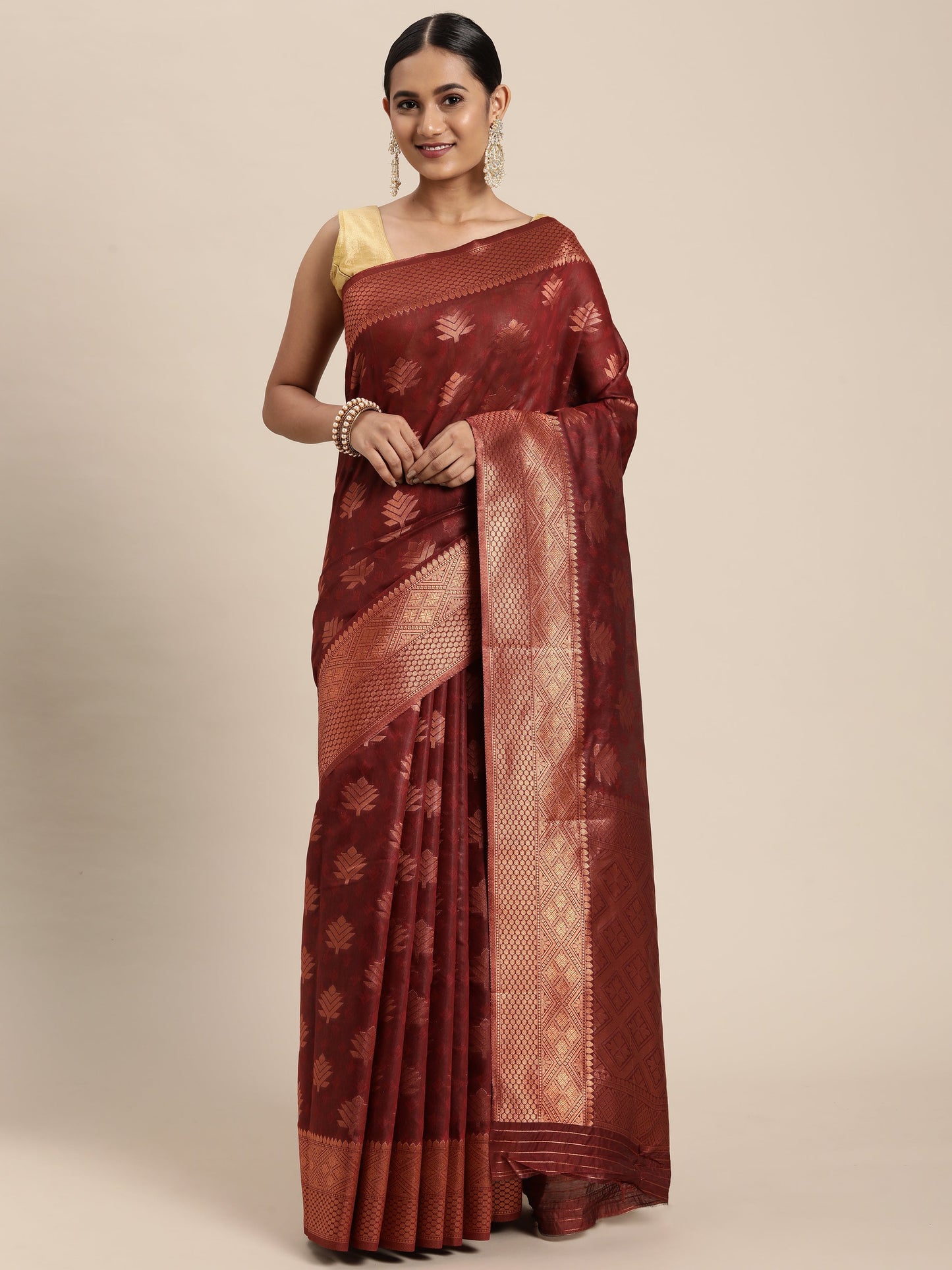 Dhiyona GR Women's Tahira Carmine Maroon Silk Blend Saree