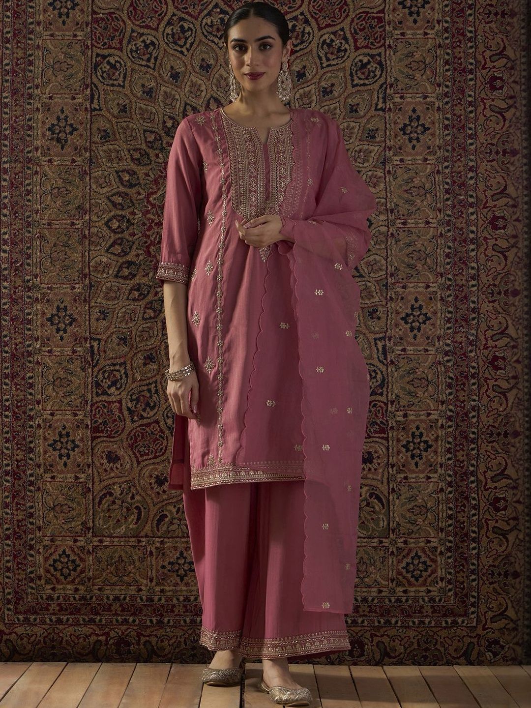 Dhiyona IE Ethnic Motifs Embroidered Regular Straight Kurta With Palazzos & Dupatta