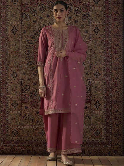 Dhiyona IE Ethnic Motifs Embroidered Regular Straight Kurta With Palazzos & Dupatta