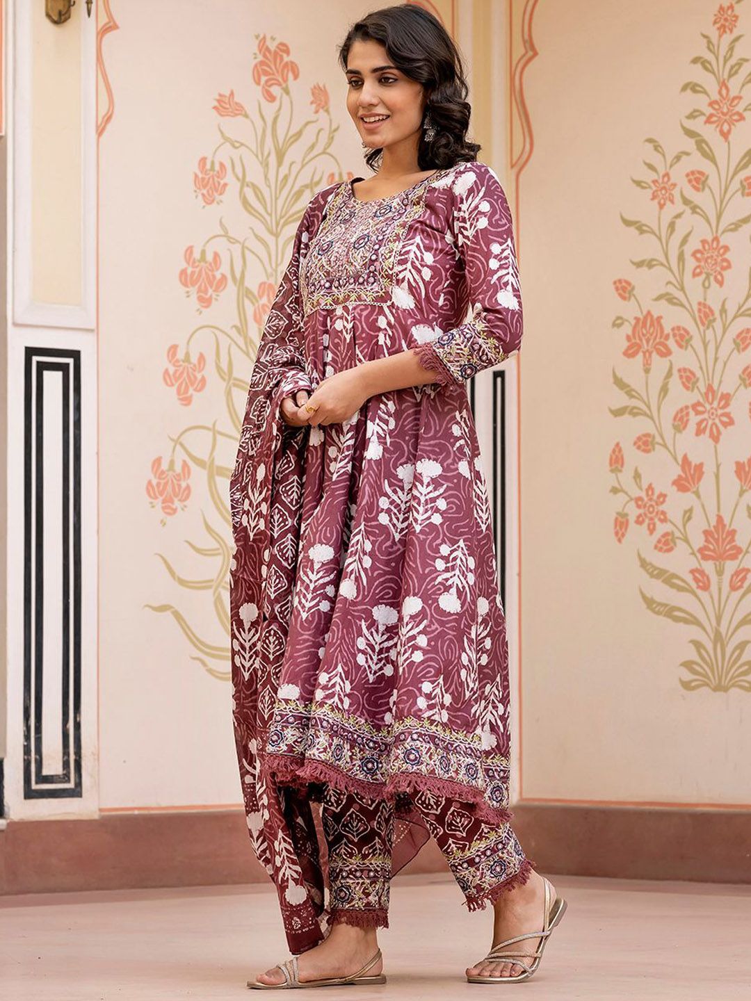 Dhiyona KL Floral Printed Mirror Work Pure Cotton Anarkali Kurta With Trouser & Dupatta