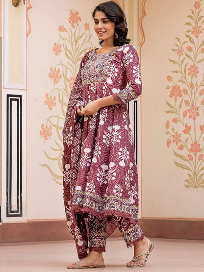 Dhiyona KL Floral Printed Mirror Work Pure Cotton Anarkali Kurta With Trouser & Dupatta