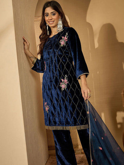 Zari Sequence Thread Embroidered Velvet Straight Kurta & Trousers With Dupatta