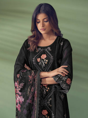 Women's Black Embroidered Straight Kurta Trousers With Dupatta Set