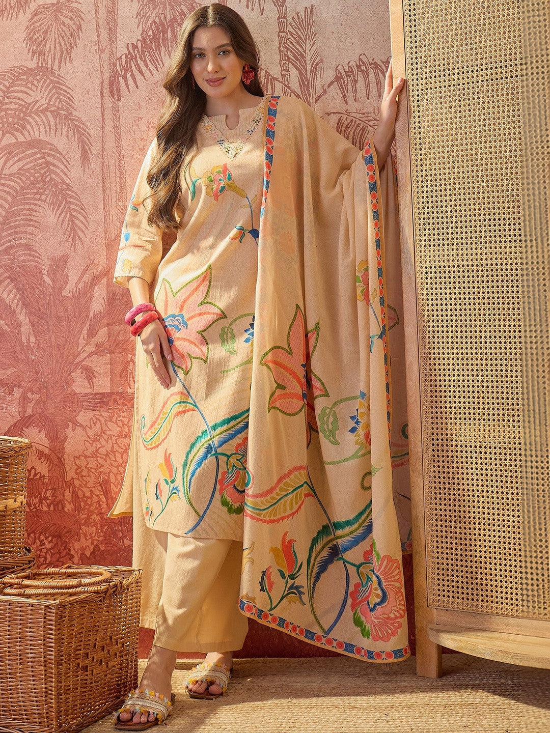 Printed Pure Cotton Keyhole Neck Kurta & Trousers With Dupatta