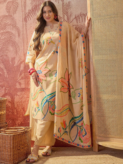 Printed Pure Cotton Keyhole Neck Kurta & Trousers With Dupatta