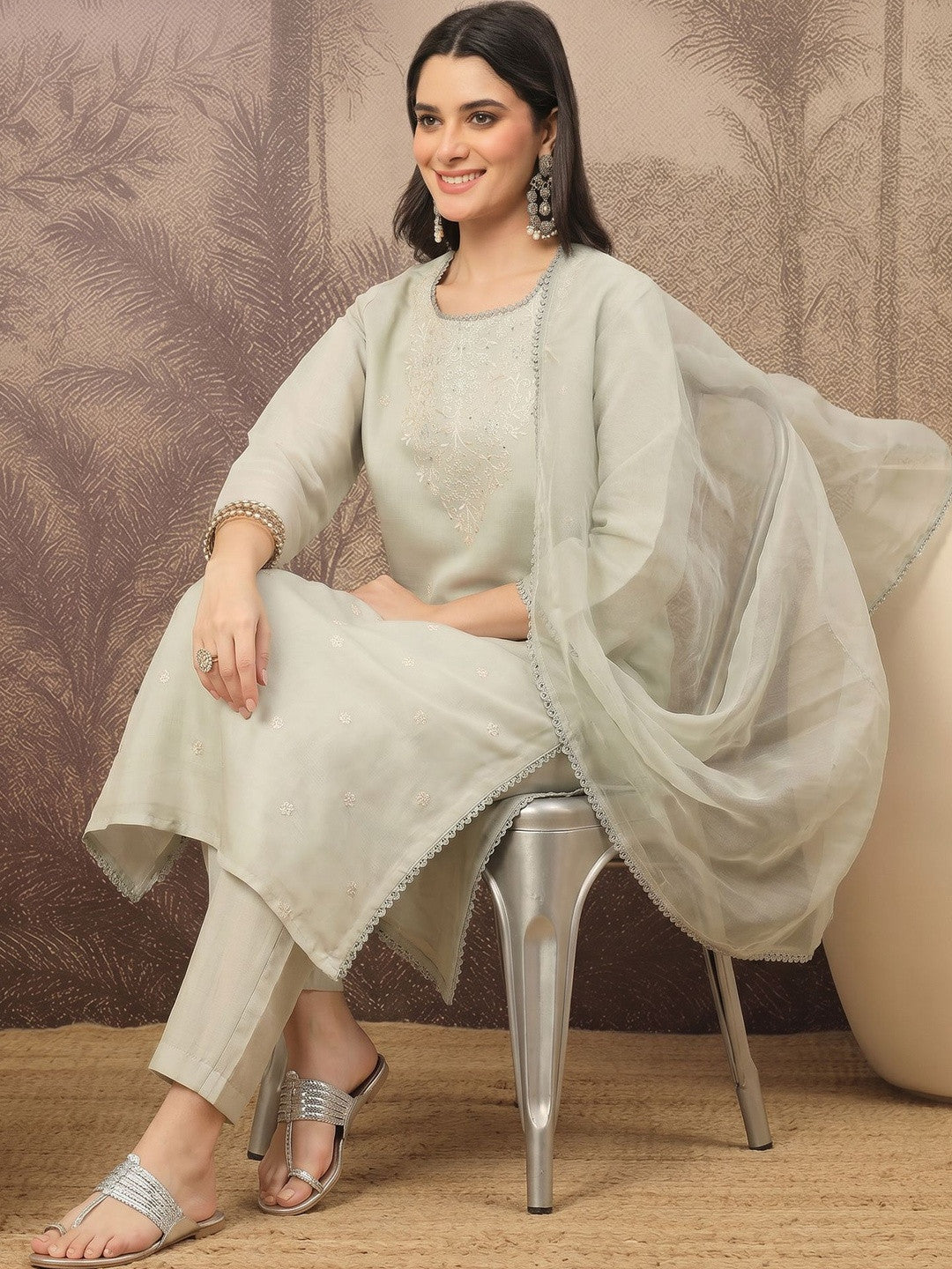 Embroidered Silk Blend Round Neck Kurta & Trousers With Dupatta