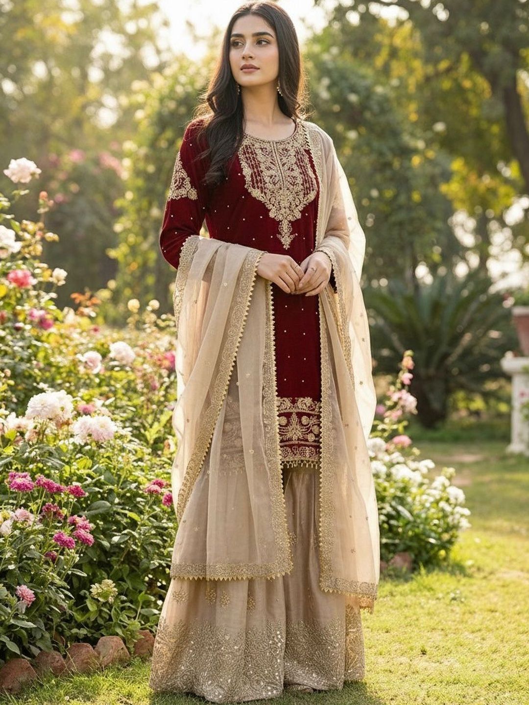 Dhiyona KL Women Ethnic Motifs Embroidered Regular Thread Work Kurta with Sharara & With Dupatta