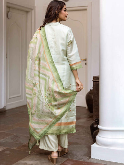 Dhiyona KL Floral Printed Straight Kantha Work Chanderi Silk Kurta With Palazzos And Dupatta