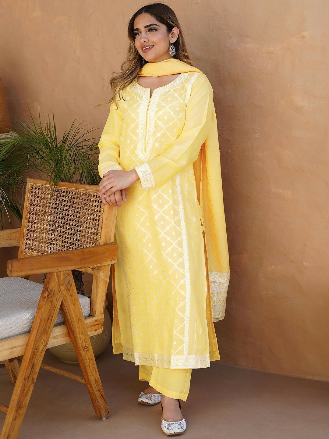 Women's LB Yellow Woven Design Silk Blend Straight Suit With Dupatta