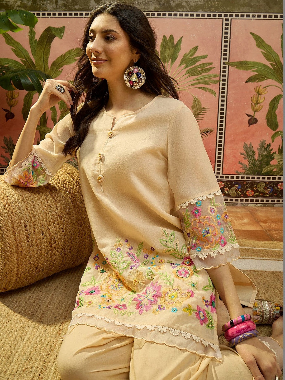 Dhiyona SN Embroidered Pure Cotton Round Neck Kurti & Trousers