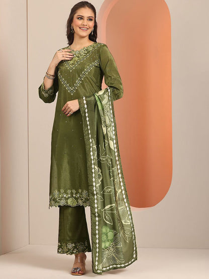 Dhiyona LL Floral Embroidered Round Neck Sequinned Straight Kurta With Palazzos And Dupatta