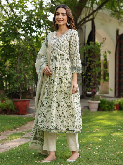 Dhiyona RR Women's Floral Printed Cotton Anarkali Kurta with Trousers & Dupatta