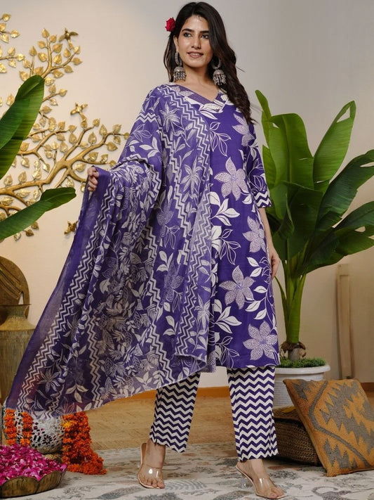 Dhiyona KL Floral Printed Sequinned Pure Cotton Straight Kurta With Trousers & Dupatta