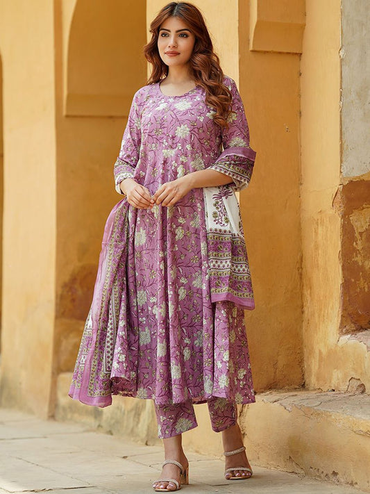 Dhiyona KL Floral Printed Pure Cotton Anarkali Kurta With Trousers & Dupatta