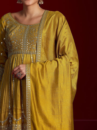 Dhiyona LL Floral Embroidered Empire Sequinned Anarkali Kurta with Sharara & Dupatta