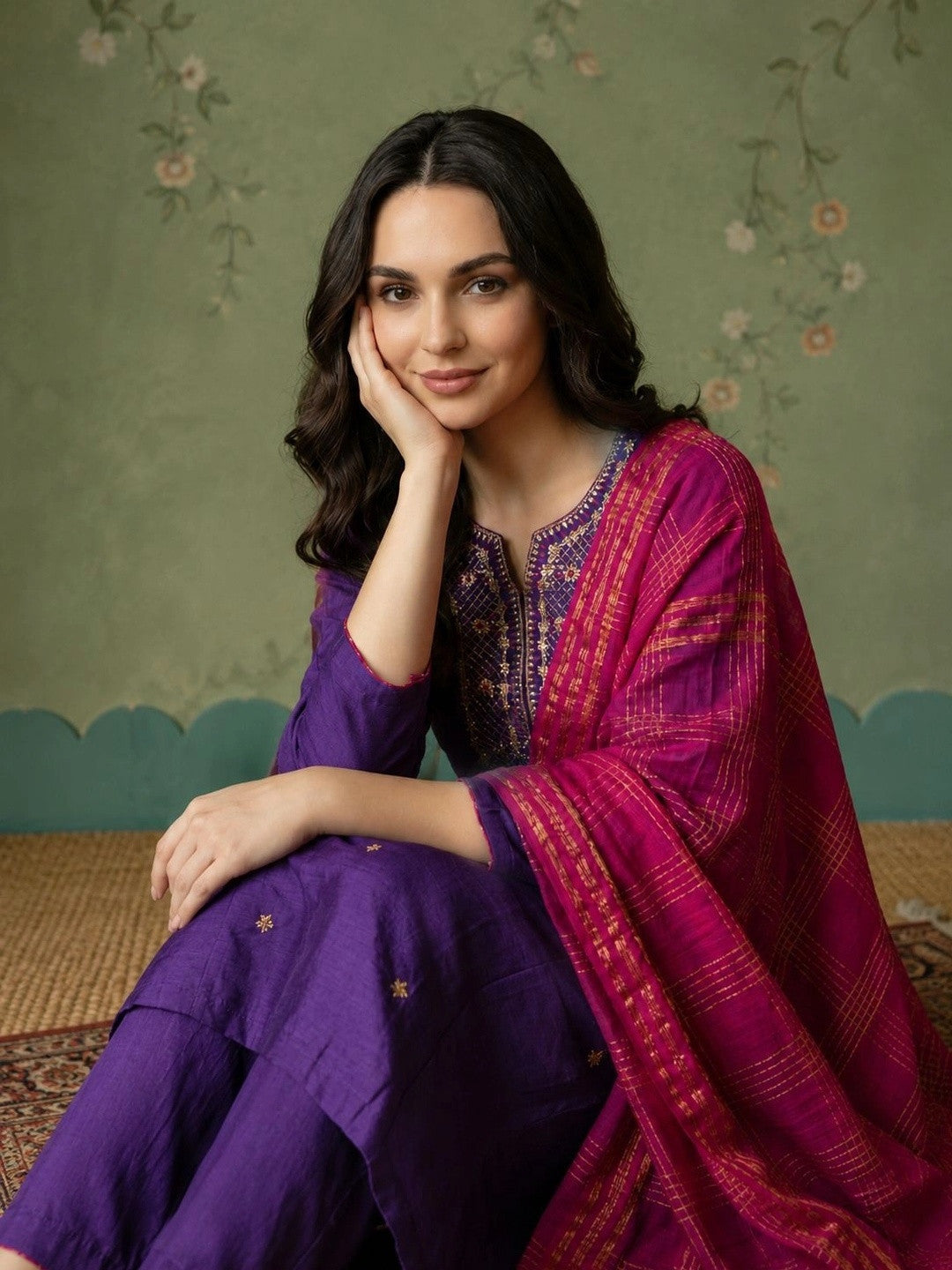 Women Ethnic Motifs Embroidered Regular Thread Work Kurta with Trousers & With Dupatta