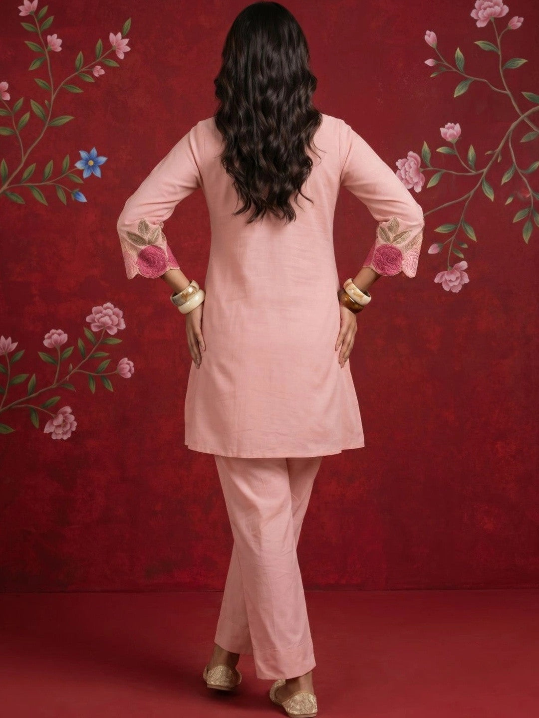 Women Floral Embroidered Pleated Thread Work Pure Silk Kurti with Trousers