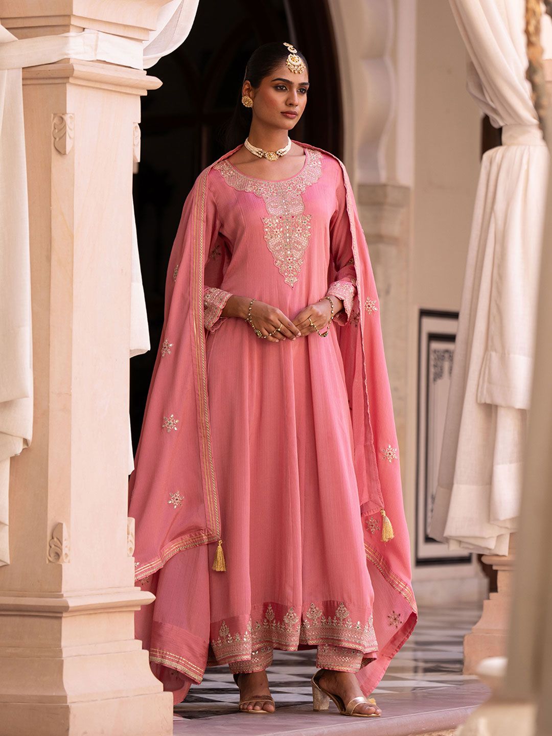 Dhiyona CH Women Floral Embroidered Pleated Mirror Work Kurta with Trousers & Dupatta