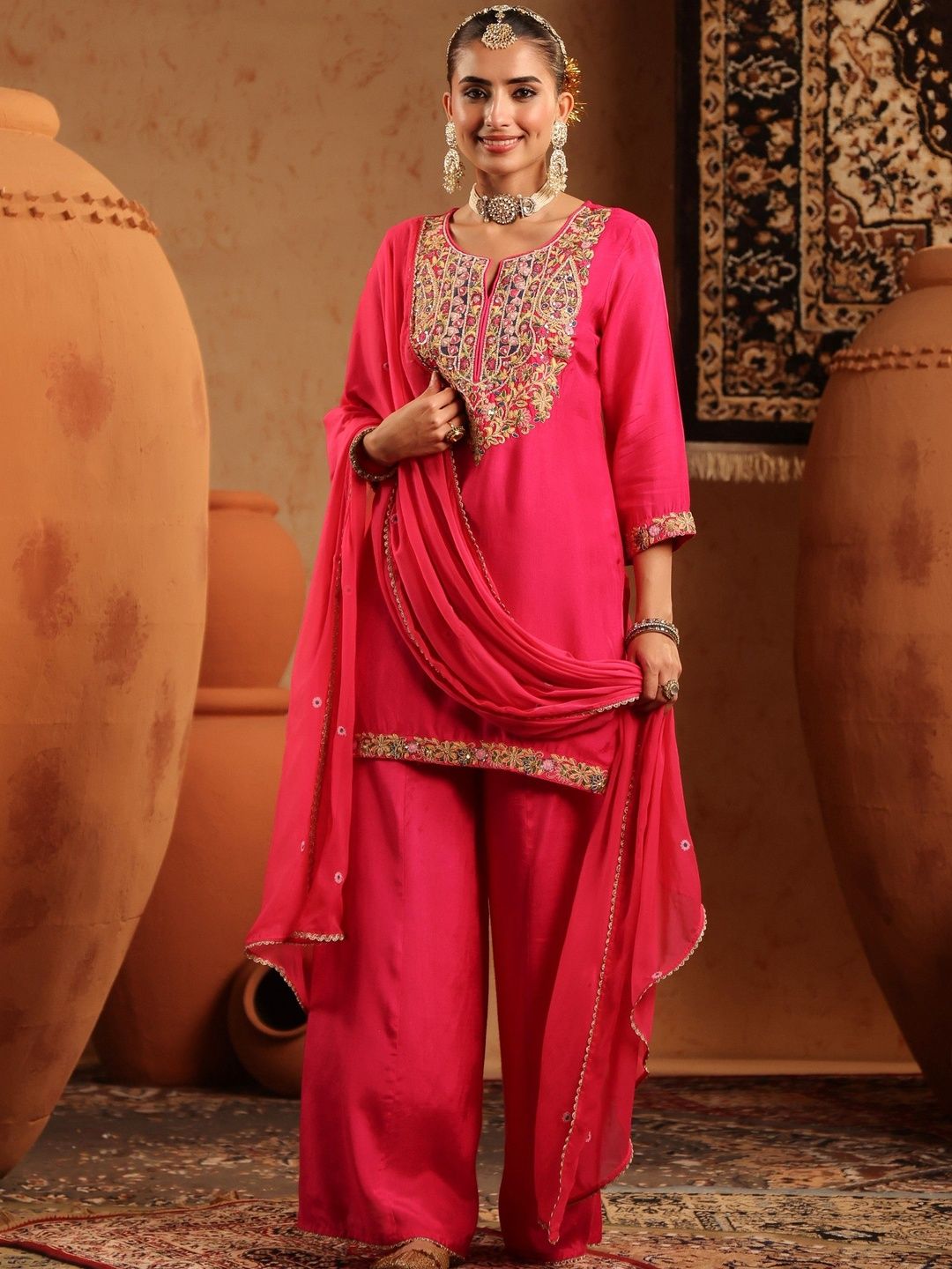 Dhiyona SC Women Fuchsia Silk Embroidered-Handwork Sharara Set