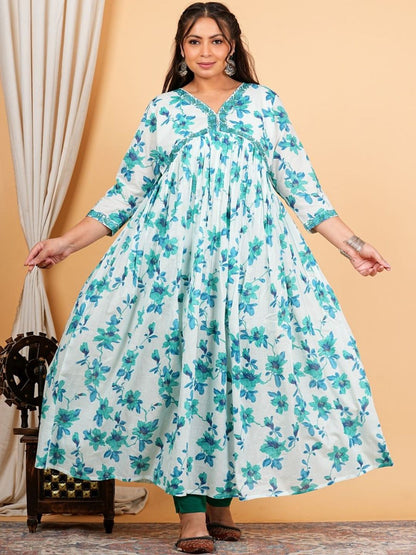 Dhiyona KL Women Floral Printed Pleated Thread Work Pure Cotton Kurta Set With Dupatta